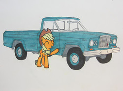 Size: 1001x742 | Tagged: safe, artist:patridam, applejack, g4, car, female, jeep, jeep gladiator, jeep gladiator townside, pickup truck, pose, simple background, solo, traditional art, truck, white background