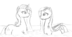 Size: 1428x741 | Tagged: safe, artist:patch, fluttershy, rarity, g4, bath, bedroom eyes, belly, eye contact, messy mane, monochrome, pregnant, sketch, smiling, water, wet, wet mane, wet mane rarity