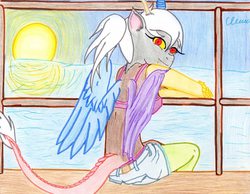 Size: 960x744 | Tagged: safe, artist:the1king, discord, anthro, g4, eris, female, ocean, rule 63, solo, sunset, traditional art