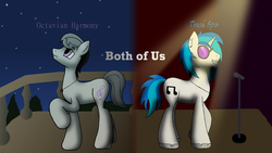 Size: 1909x1080 | Tagged: safe, artist:chatooka, dj pon-3, octavia melody, vinyl scratch, g4, balcony, female to male, male, microphone, moonlight, music, octavian harmony, record scrape, rule 63, sky, spotlight, stage, stallion, stars, track spin