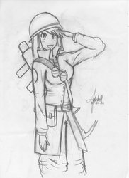 Size: 762x1048 | Tagged: safe, artist:oyedraws, derpy hooves, pegasus, pony, g4, crossover, female, mare, monochrome, soldier, soldier (tf2), solo, team fortress 2, traditional art
