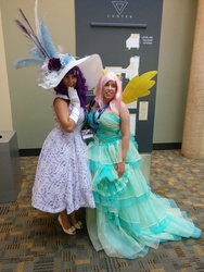 Size: 2448x3264 | Tagged: safe, artist:mieucosplay, fluttershy, rarity, human, bronycon, bronycon 2014, g4, 2014, clothes, convention, cosplay, dress, gloves, hat, high res, irl, irl human, photo