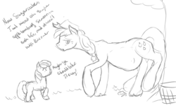 Size: 1907x1167 | Tagged: safe, artist:patch, apple bloom, applejack, g4, belly, dialogue, frown, kicking, monochrome, preggo jack, pregnant, raised hoof, raised leg, sketch, tired, tree, working