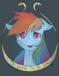 Size: 680x880 | Tagged: safe, artist:omgproductions, rainbow dash, pony, g4, blind, blind dash, crying, female, looking at you, positive ponies, simple background, smiling, solo