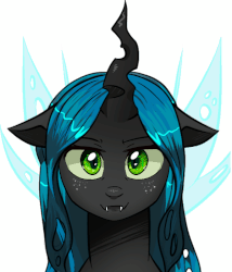 Size: 600x700 | Tagged: dead source, safe, artist:zilvtree, queen chrysalis, changeling, changeling queen, g4, animated, cute, cutealis, emofuri, female, freckles, looking at you, simple background, solo, white background, younger
