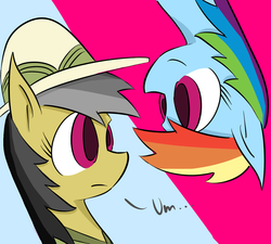 Size: 1280x1152 | Tagged: safe, artist:ibacchstudios, daring do, rainbow dash, pegasus, pony, g4, bust, dialogue, female, looking at each other, mare, smiling, upside down