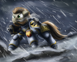 Size: 4073x3261 | Tagged: safe, artist:otakuap, oc, oc only, pony, armor, beard, bolter, ear fluff, fangs, floppy ears, high res, ponified, powered exoskeleton, snow, snowfall, solo, space marine, space wolves, warhammer (game), warhammer 40k