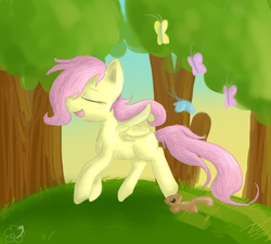Size: 999x900 | Tagged: safe, artist:maneribbons, fluttershy, butterfly, squirrel, g4, female, filly, solo, younger