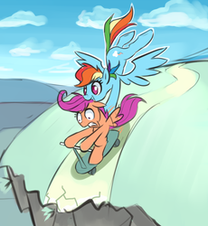 Size: 899x977 | Tagged: safe, artist:gsphere, rainbow dash, scootaloo, g4, cliff, scared, scooter, this will end in tears, this will end in tears and/or death