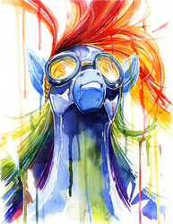 Size: 800x1035 | Tagged: safe, artist:fleebites, rainbow dash, pony, g4, bust, female, goggles, looking up, mare, portrait, solo, traditional art, watercolor painting, wonderbolts uniform