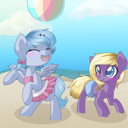 Size: 1024x1024 | Tagged: safe, artist:rue-willings, oc, oc only, oc:bubblepop, oc:hysteria, ball, beach, beach ball, bow, clothes, eyes closed, filly