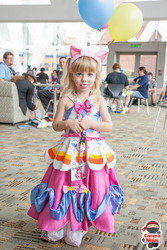 Size: 683x1024 | Tagged: safe, artist:jimthecactus, pinkie pie, human, bronycon, bronycon 2014, 2014, balloon, clothes, convention, cosplay, costume, cute, dress, gala dress, irl, irl human, photo, solo, target demographic, tongue out