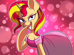 Size: 500x369 | Tagged: safe, artist:pixel-prism, sunset shimmer, pony, unicorn, twilight sparkle's secret shipfic folder, g4, bedroom eyes, clothes, dress, eyeshadow, female, grin, looking at you, smiling, solo