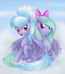 Size: 881x1000 | Tagged: safe, artist:mn27, cloudchaser, flitter, pegasus, pony, g4, bow, cute, cutechaser, duo, female, flitterbetes, hair bow, looking at you, mare, open mouth, siblings, sisters, sitting, smiling