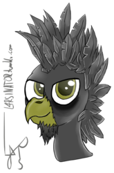 Size: 425x643 | Tagged: safe, artist:magical disaster, oc, oc only, oc:darksittich, griffon, anthracite, beak, feather, looking at you, male, mohawk, portrait, simple background, smiling, smirk, solo, transparent background