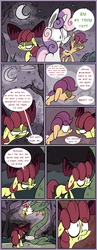 Size: 834x2156 | Tagged: safe, artist:slitherpon, apple bloom, scootaloo, sweetie belle, cockatrice, earth pony, pegasus, pony, unicorn, moody mark crusaders, g4, alternate universe, bandage, comic, cutie mark crusaders, female, filly, foal, karma, moon, night, scootachicken