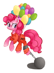 Size: 471x641 | Tagged: safe, artist:mapony240, pinkie pie, g4, ball and chain, balloon, clothes, didn't think this through, fail, female, floating, prison outfit, prisoner pp, solo, then watch her balloons lift her up to the sky