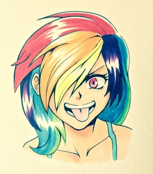 Size: 1802x2046 | Tagged: safe, artist:kianamai, rainbow dash, human, g4, :p, bust, female, hair over one eye, humanized, looking at you, markers, open mouth, portrait, smiling, solo, tongue out, traditional art