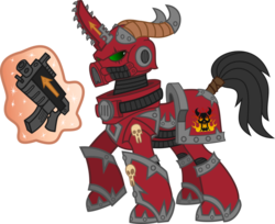 Size: 989x808 | Tagged: safe, artist:connorissteel, pony, armor, bolter, chainsword, chainsword horn, chaos, chaos space marine, gun, heresy, horns, magic, magic aura, ponified, power armor, powered exoskeleton, simple background, solo, space marine, tail wrap, telekinesis, transparent background, warhammer (game), warhammer 40k, weapon, word bearers
