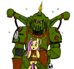 Size: 900x844 | Tagged: safe, artist:dreadlime, fluttershy, g4, armor, chaos space marine, crossover, death guard, hug, love, nurgle, plague marine, power armor, powered exoskeleton, space marine, this will end in tears, warhammer (game), warhammer 40k