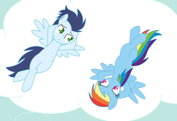 Size: 1024x706 | Tagged: safe, artist:rulette, rainbow dash, soarin', g4, cloud, female, male, ship:soarindash, shipping, straight