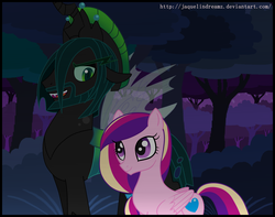 Size: 2008x1584 | Tagged: dead source, source needed, safe, artist:jaquelindreamz, princess cadance, queen chrysalis, changeling, pegasus, pony, g4, changeling king, duo, female, infidelity, king metamorphosis, lesbian, pegasus cadance, race swap, rule 63, ship:cadalis, shipping