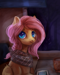 Size: 800x1000 | Tagged: safe, artist:temary03, fluttershy, g4, alternate hairstyle, bandana, female, sitting, solo