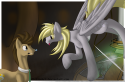 Size: 6521x4272 | Tagged: safe, artist:diction, derpy hooves, doctor whooves, time turner, earth pony, pegasus, pony, g4, absurd resolution, doctor who, female, flying, male, mare, sonic screwdriver, stallion, tardis, tardis console room, tardis control room, the doctor, tongue out