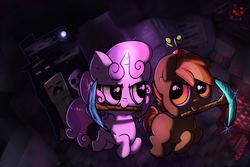 Size: 1600x1067 | Tagged: safe, artist:velexane, button mash, sweetie belle, don't mine at night, g4, creeper, crossover, diamond pickaxe, minecraft, pickaxe, running