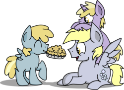 Size: 554x401 | Tagged: safe, artist:graciegirl328, chirpy hooves, derpy hooves, dinky hooves, pegasus, pony, unicorn, g4, colt, dopey hooves, equestria's best son, family, father, male, mouth hold, muffin, pie, rule 63, son, stallion, twerpy hooves