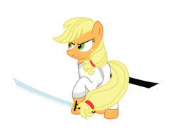 Size: 4478x3432 | Tagged: safe, artist:cxfantasy, applejack, g4, crossover, female, frown, hatless, katana, missing accessory, prehensile tail, raised hoof, samurai, samurai applejack, samurai jack, simple background, solo, sword, tail hold, transparent background, vector, weapon
