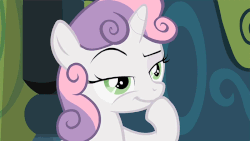 Size: 700x394 | Tagged: safe, screencap, sweetie belle, pony, unicorn, family appreciation day, g4, season 2, animated, eye shimmer, female, filly, reversed, scheming belle, smirk, smug, solo