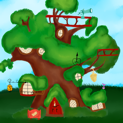 Size: 1925x1925 | Tagged: safe, artist:katsu, g4, beehive, golden oaks library, grass, house, library, pony removed, sky