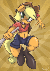 Size: 636x900 | Tagged: safe, artist:mistydash, applejack, earth pony, anthro, unguligrade anthro, g4, belly button, cute, female, fireproof boots, solo