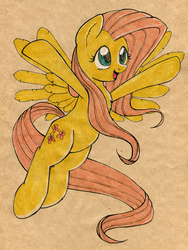 Size: 700x930 | Tagged: safe, artist:maytee, fluttershy, pegasus, pony, g4, chest fluff, female, happy, mare, open mouth, open smile, smiling, solo, spread hooves, spread wings, three quarter view, traditional art, wings