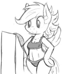 Size: 428x502 | Tagged: safe, artist:tg-0, scootaloo, anthro, semi-anthro, g4, arm hooves, bra, bra on pony, breasts, button, cleavage, clothes, female, monochrome, panties, solo, sports bra, underwear