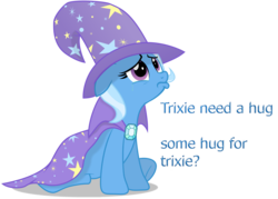 Size: 7056x5064 | Tagged: safe, artist:darkwolfmx, artist:regolithx, edit, trixie, pony, unicorn, g4, absurd resolution, bronybait, crying, cute, diatrixes, female, floppy ears, hug, hug request, looking up, mare, pouting, sad, simple background, sitting, solo, third person, transparent background, underhoof