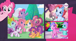 Size: 1366x737 | Tagged: dead source, safe, edit, edited screencap, screencap, cheerilee (g3), minty, pinkie pie, pinkie pie (g3), rainbow dash (g3), scootaloo (g3), starsong, sweetie belle (g3), tiddly wink, toola-roola, breezie, earth pony, pegasus, pony, g3, g3.5, g4, caption, core seven, female, hub logo, mare, the hub
