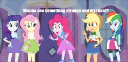 Size: 1024x499 | Tagged: safe, applejack, fluttershy, pinkie pie, rainbow dash, rarity, equestria girls, g4, exploitable meme, freakazoid, meme, pinkie has a crazy idea, reference