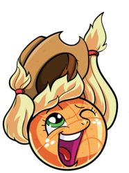 Size: 800x1073 | Tagged: dead source, safe, artist:s-a1amandra, applejack, object pony, original species, g4, ashleigh ball, ball, basketball, cowboy hat, falling, happy, hat, inanimate tf, looking up, motion lines, objectification, one eye closed, open mouth, ponified, pun, simple background, smiling, solo, transformation, transparent background, voice actor joke, wat, wink