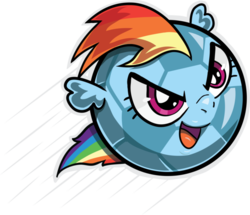 Size: 600x517 | Tagged: dead source, safe, artist:s-a1amandra, rainbow dash, object pony, original species, g4, ashleigh ball, flying, football, inanimate tf, ponified, pun, rainball, simple background, solo, transformation, transparent background, voice actor joke