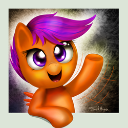 Size: 1000x1000 | Tagged: safe, artist:finalaspex, scootaloo, g4, :d, female, smiling, solo, waving