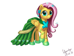 Size: 4800x3600 | Tagged: safe, artist:1nakir1, fluttershy, g4, absurd resolution, clothes, dress, female, gala dress, raised hoof, smiling, solo