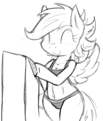Size: 428x502 | Tagged: safe, artist:tg-0, scootaloo, anthro, semi-anthro, g4, arm hooves, bra, bra on pony, button, cleavage, clothes, female, monochrome, panties, sketch, solo, sports bra, underwear
