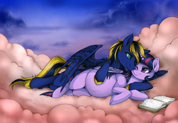 Size: 1000x694 | Tagged: safe, artist:mr-tiaa, twilight sparkle, oc, oc:zephyr, alicorn, pegasus, pony, g4, belly, book, canon x oc, cloud, cloudy, cuddling, duo, female, hoof on belly, hug, lying down, lying on a cloud, male, mama twilight, nuzzling, on a cloud, on side, one eye closed, pregnant, reading, smiling, snuggling, spread wings, straight, twilight sparkle (alicorn), twiphyr, wink