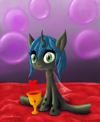 Size: 900x1100 | Tagged: safe, artist:nort1, queen chrysalis, changeling, changeling queen, g4, chalice, female, heart, sitting, solo