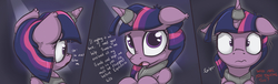 Size: 3519x1069 | Tagged: safe, artist:mistydash, king sombra, twilight sparkle, pony, unicorn, comic:slave to us, g4, bad end, caught, collar, comic, dark, dialogue, female, floppy ears, fluffy, frown, horn, horn ring, imprisonment, looking at you, magic suppression, male, mare, nose wrinkle, offscreen character, open mouth, scared, shackles, shipping, shivering, shrunken pupils, slave, straight, talking to viewer, wavy mouth, wide eyes