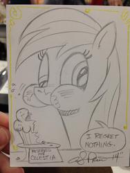 Size: 600x800 | Tagged: safe, artist:andy price, derpy hooves, princess celestia, pegasus, pony, g4, eating, female, i regret nothing, mare, muffin, solo, that pony sure does love muffins, this will end in tears and/or a journey to the moon, traditional art