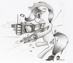 Size: 2239x1922 | Tagged: safe, artist:rapiddash189, applejack, g4, dual wield, female, gun, monochrome, solo, traditional art, weapon