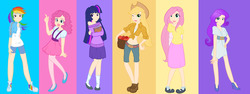 Size: 5000x1875 | Tagged: safe, artist:looji, applejack, fluttershy, pinkie pie, rainbow dash, rarity, twilight sparkle, human, g4, clothes, dress, humanized, mane six, skirt